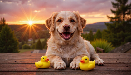 Adorable puppy playing with toy ducks on wooden deck at sunset, joyfulness