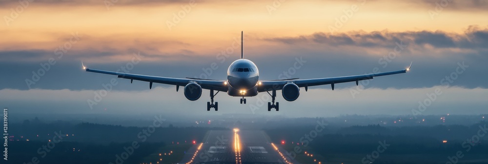 Poster airplane landing at sunset on runway in an airport with colorful sky and low clouds during evening h