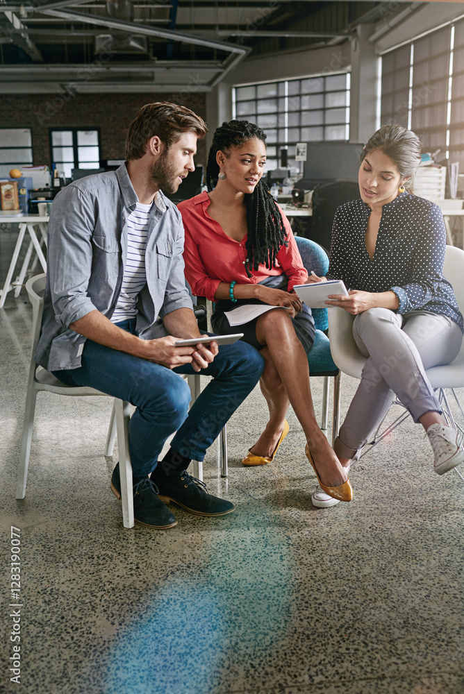 Poster app developer, tablet and people in startup for brainstorming, homepage layout and collaboration. id