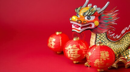 Red Dragon Figurine with Lanterns on Red Background
