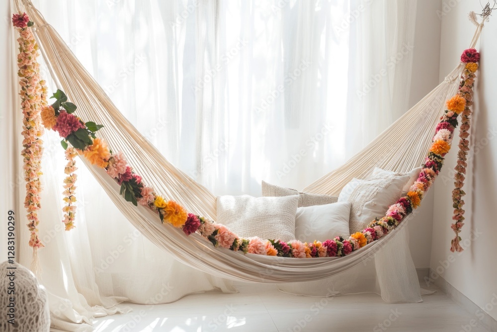 Poster a hammock hung between two windows with flowers and greenery surrounding it, perfect for relaxing in