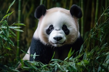 Obraz premium A panda bear walking through a bamboo forest