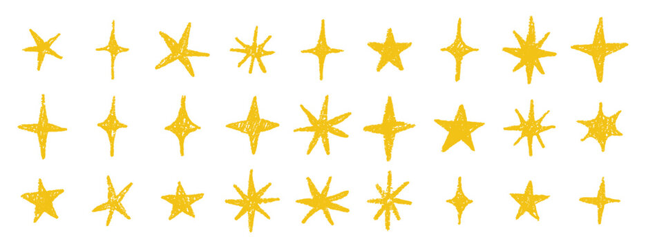 Naklejki gold chalk crayon doodle stars set. Shine and sparkle hand drawn drawing collection. Children style yellow wax pencil elements. Grunge texture star shapes.