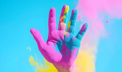 Colorful Hand in Bright Powder Burst Against Vibrant Blue Sky