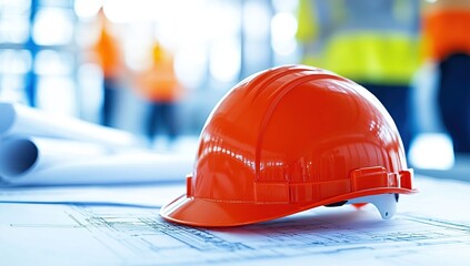 Construction Hard Hat on Blueprint: Planning Safe Building Projects Efficiently