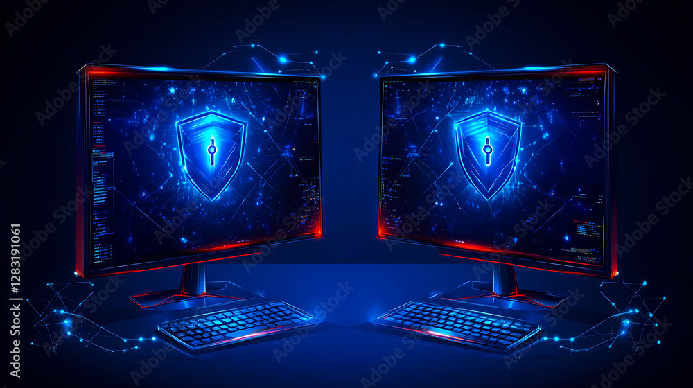 Poster cybersecurity action with dual monitors futuristic digital environment graphic visualization tech co