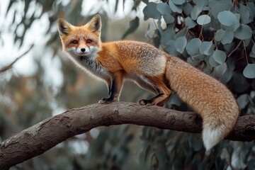 Fototapeta premium A red fox standing on top of a tree branch, looking out at the surroundings