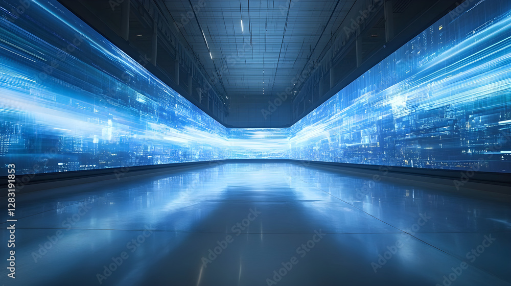 Poster dynamic data visualization event modern technology space digital art installation futuristic environ