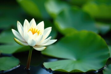Delicate white water lily blooms on water's surface with surrounding lush green leaves, nature scene, ponds