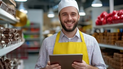Smiling Confectioner Using Tablet in Chocolate Shop