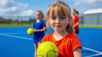 Smiling Girl with Yellow Ball on Blue Sports Court
