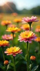 Unique chrysanthemum stems with long yellow and pink flowers, chrysanthemums, field flowers, nature