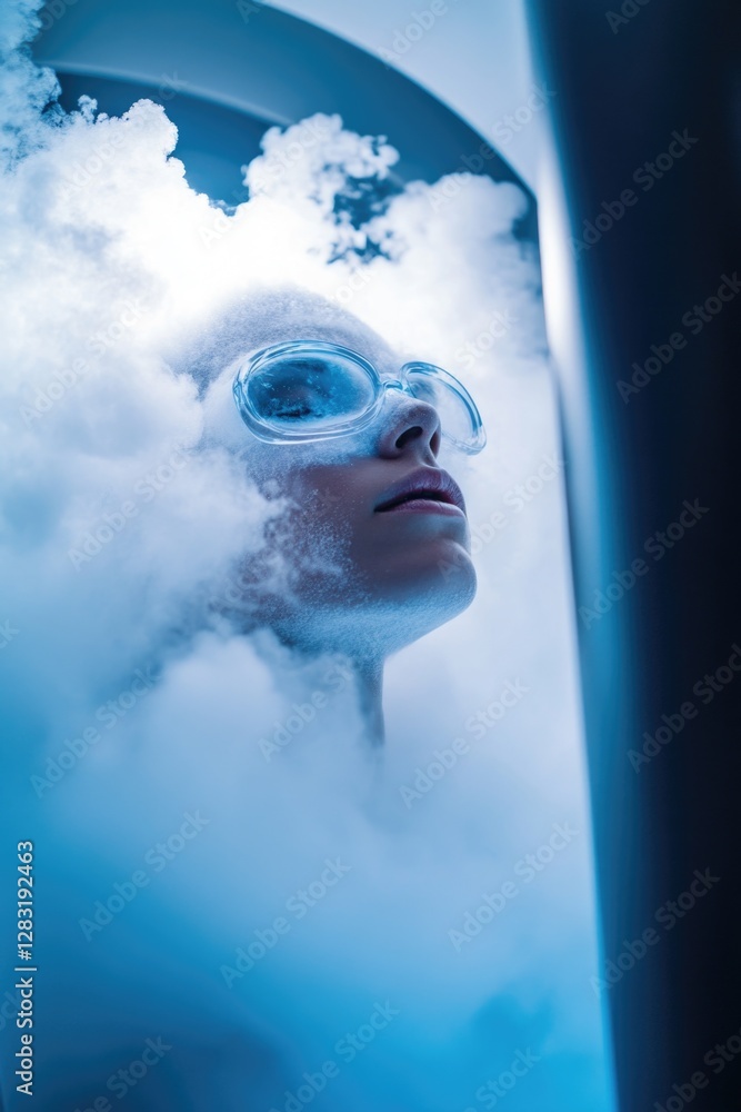 Poster a person wearing goggles floating in the clouds, great for use as an illustration or design element