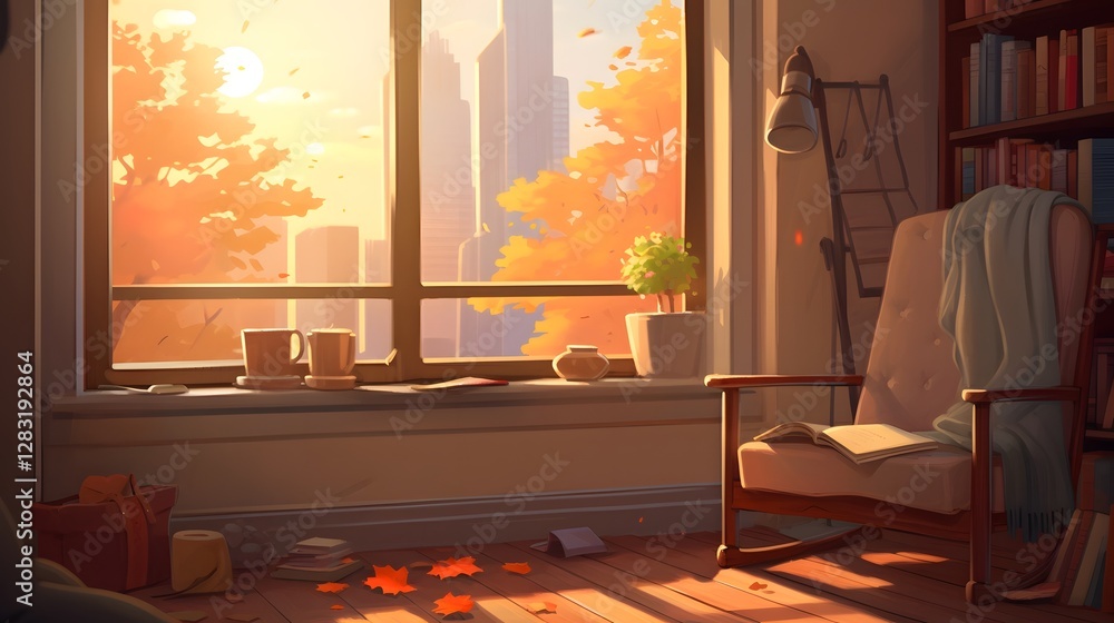 Poster cozy and comfortable reading nook with a stack of books and a sign displaying offline time providing