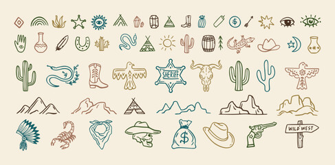 Wild west cowboy doodle icon set. Hand drawn boho signs collection. Aztec southwestern elements set.