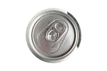 There is an aluminum can on a white background.	