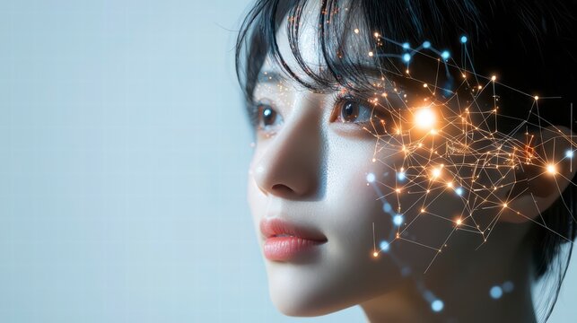 The Mind's Eye: A close-up shot captures a young woman in profile, a digital neural network overlayed on her face hinting at intelligence, innovation and the power of thought
