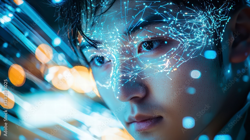 Poster brainwave brilliance: captivating portrait of an individual with digital network overlays, symbolizi