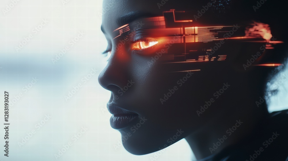 Poster vision of the future: an artistic and forward-thinking image captures a woman with high-tech element