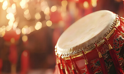 Obraz premium Vibrant Traditional Drum with Decorative Red Tassels and Warm Background