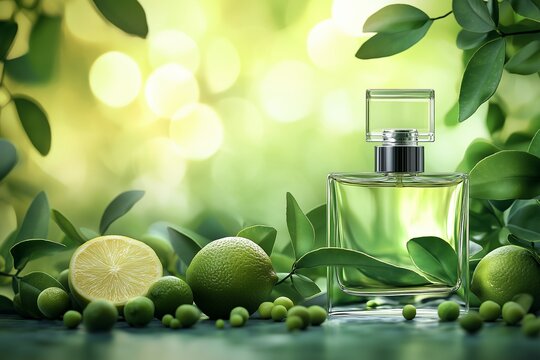 A vibrant green perfume bottle sits among fresh petitgrain leaves and unripe citrus fruits, reflecting the essence of nature.