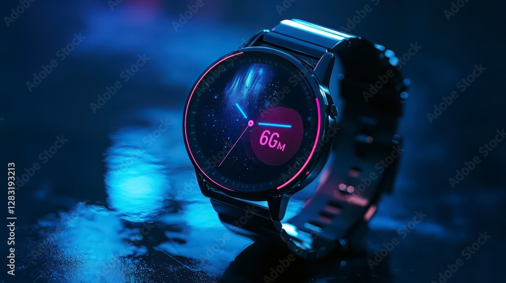 Poster time's embrace: a sleek smartwatch displays a vibrant interface, its modern design illuminated again