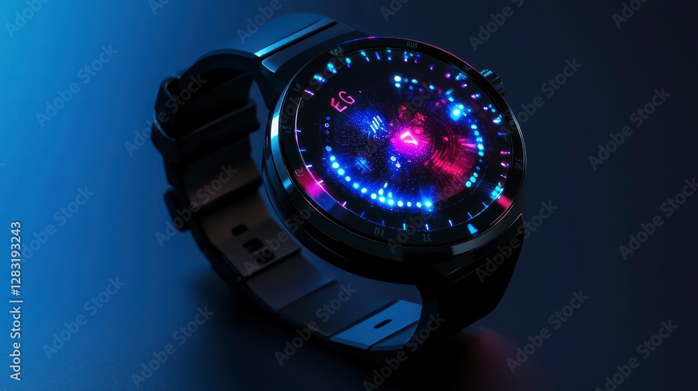 Poster tech time: this image showcases a modern smart watch, its screen illuminated with vibrant digital di