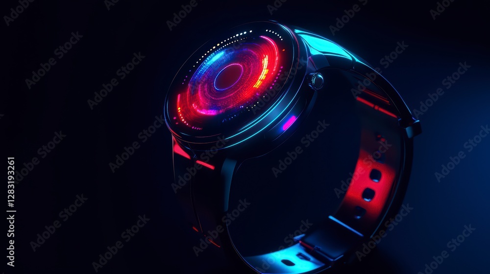 Poster smartwatch with vibrant display: a sleek and modern smartwatch, illuminated by a dynamic and colorfu