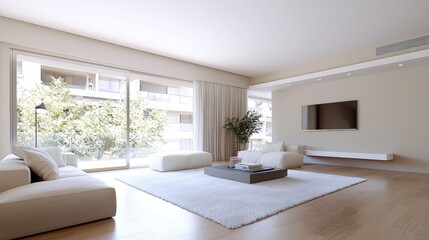 Fototapeta premium Modern apartment living room, sunny balcony view, minimalist design, home interior