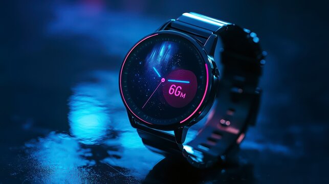 Time's Embrace: A sleek smartwatch displays a vibrant interface, its modern design illuminated against a moody, dynamic backdrop, celebrating the fusion of technology and style.