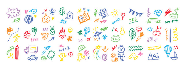 Obraz premium Doodle kids color set. Hand drawn simple decorative elements. Various icons, hearts, stars, lines