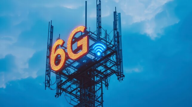   6G Tower: A towering 6G communication tower glows brightly against a backdrop of clouds, signaling the advancement of technology.