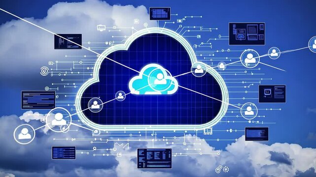 Digital Cloud Network Interconnected Devices and Data Symbols Illustrating Cloud Computing Technology, Data Storage, Connectivity, and Virtual Environment Blue Sky Background with Digital Connections