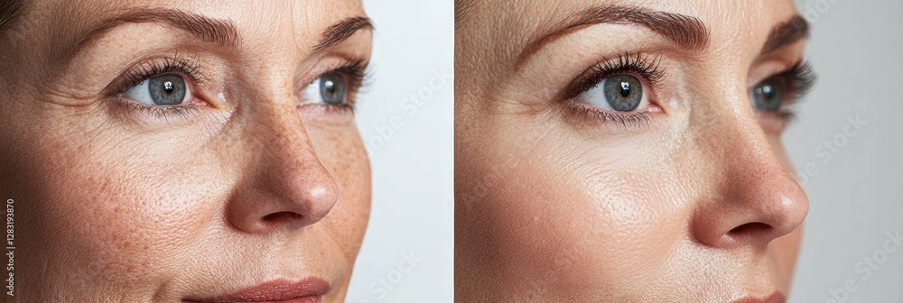 Poster comparison of aging effects on skin with visible wrinkles on one side and smooth appearance on the o