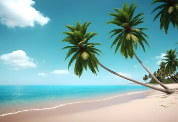 Obraz premium Tropical Beach with Crystal Clear Turquoise Waters, Soft White Sand, Swaying Green Palm Trees, and a Bright Blue Sky with Fluffy White Clouds on a Sunny Day in a Paradise Island Destination