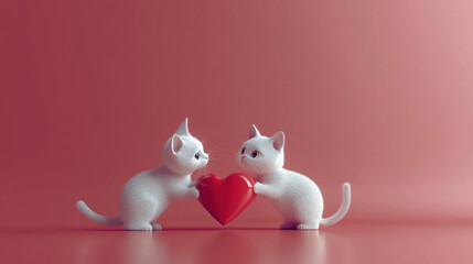 Two charming white kittens affectionately holding a red heart against a soft pink backdrop, embodying a playful and loving theme.