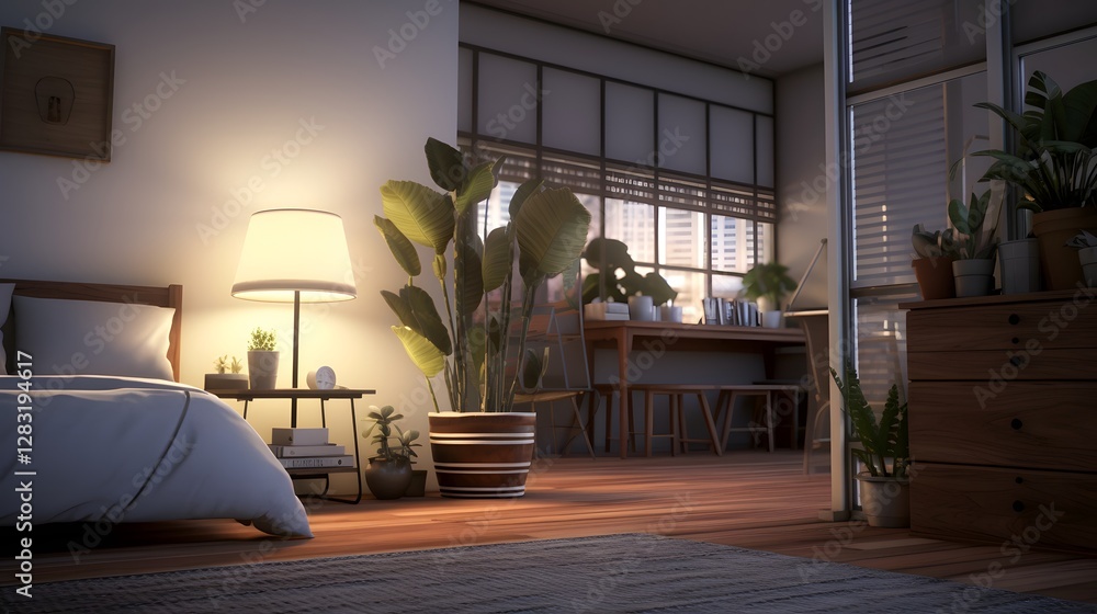 Poster peaceful and inviting bedroom sanctuary with lush greenery and soft lighting creating a calming and 