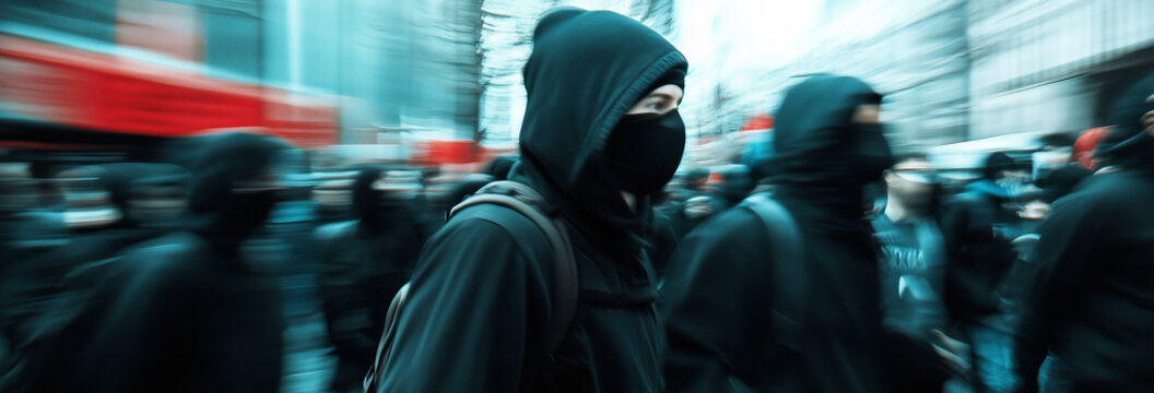 antifa march, side view, side profile, long shot, motion blur