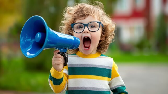 Toddler with Curly Blond Hair Shouting into Blue Megaphone Outdoors