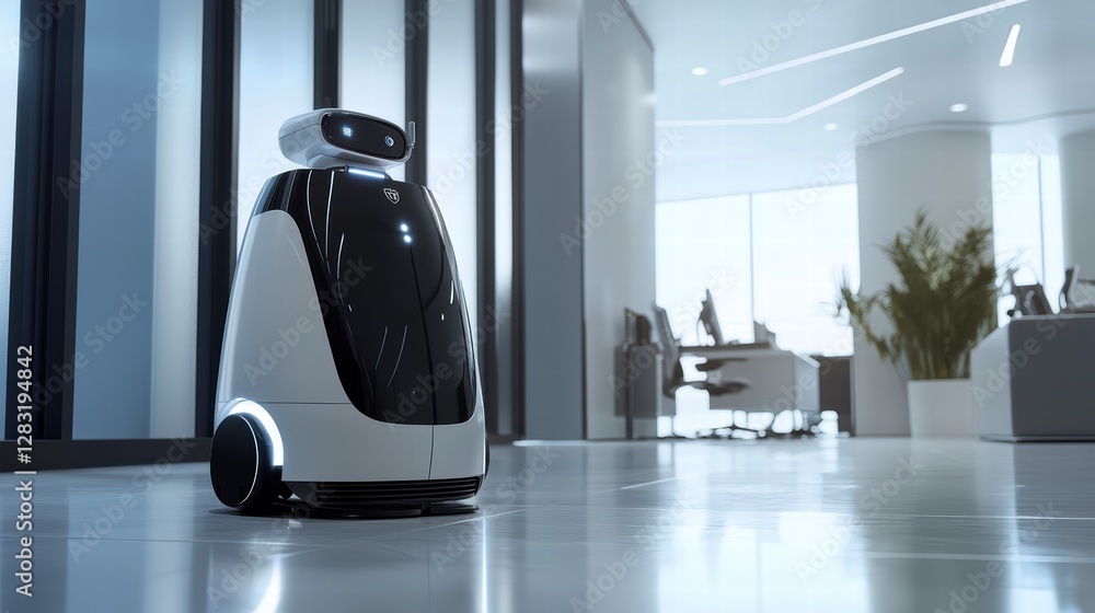 Poster robotic innovation: an intelligent robot navigates a modern office space, showcasing automation and 