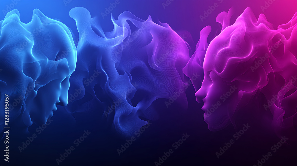 Poster creative interaction of ethereal faces in abstract light digital art vibrant setting close-up perspe