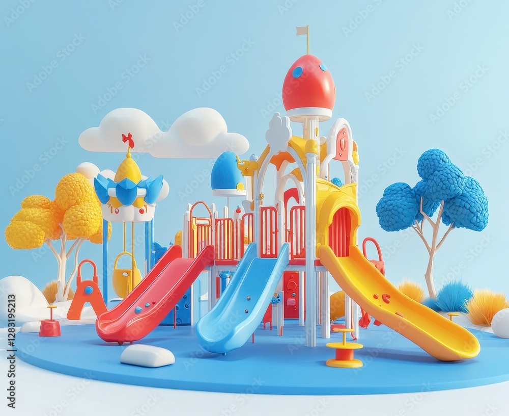 Poster vibrant 3d render of a whimsical playground with slides and cartoon trees on blue