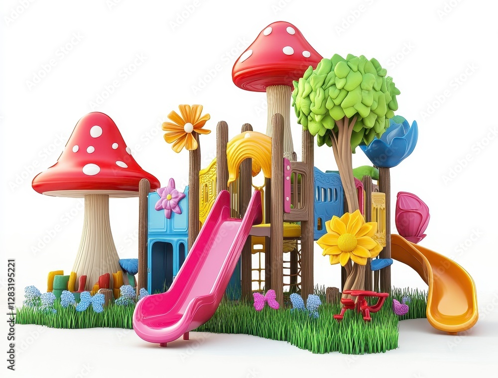 Aufkleber vibrant childrens playground with mushroom structures and colorful slides on white background