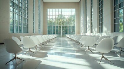 A legislative hall with sleek white chairs and tall windows. Featuring modernity and openness