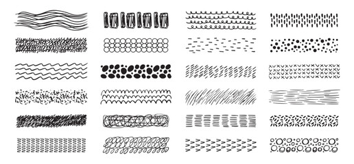 Hand drawn textures collection. abstract brushes, drawing textures from thin lines of different shapes. Set of doodle swirling and straight shapes