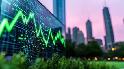 Vibrant Green Stock Market Graph Against City Sunset Skyline
