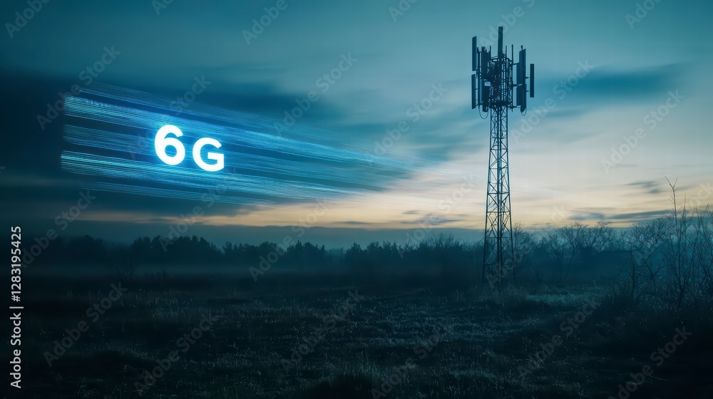 Poster next-gen connectivity: a futuristic glimpse of the 6g network, with a cell tower at the forefront, b