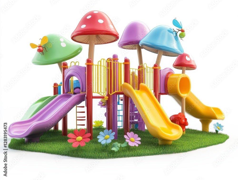 Poster vibrant mushroom themed playground structure with slides and climbing bars on artificial grass