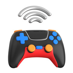 3D gaming controller with blue and orange buttons and a wireless signal, symbolizing online gaming, multiplayer connectivity, and e-sports