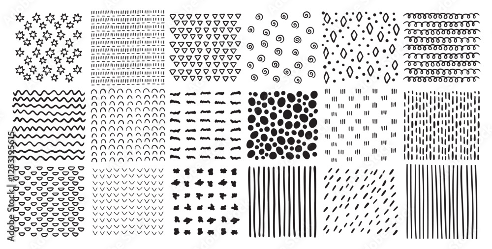 Poster square patterns set. hand drawn doodle style patterns. hatched squares abstract drawing technic, geo